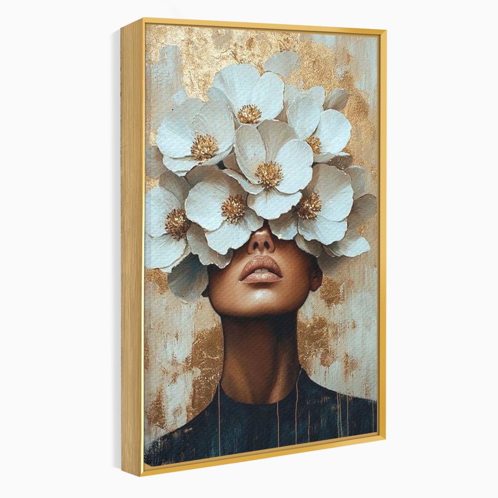 Tablou canvas cu tablou canvas portret feminin cu flori, in rama de aluminiu auriu